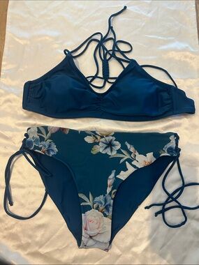 Floral-Accent Teal Tie-Side Bikini Set